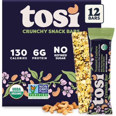 Tosi Nut Bars, Cashew, Healthy Snacks for Adults & Kids, Plant Based Crunchy Bars (6G Protein), Organic Keto Snacks, Vegan, Gluten & Soy Free, Low Sugar, Omega 3s, 1oz, 12-Pack