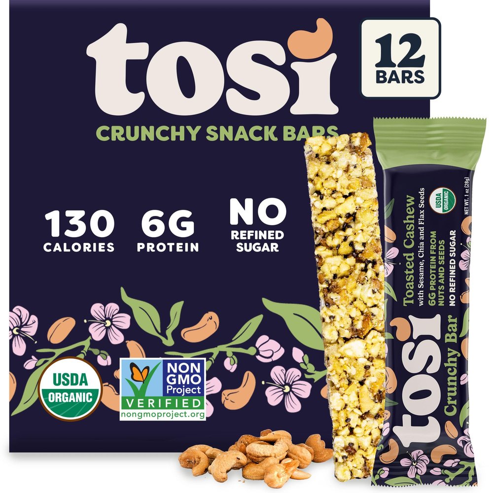 Tosi Nut Bars, Cashew, Healthy Snacks for Adults & Kids, Plant Based Crunchy Bars (6G Protein), Organic Keto Snacks, Vegan, Gluten & Soy Free, Low Sugar, Omega 3s, 1oz, 12-Pack
