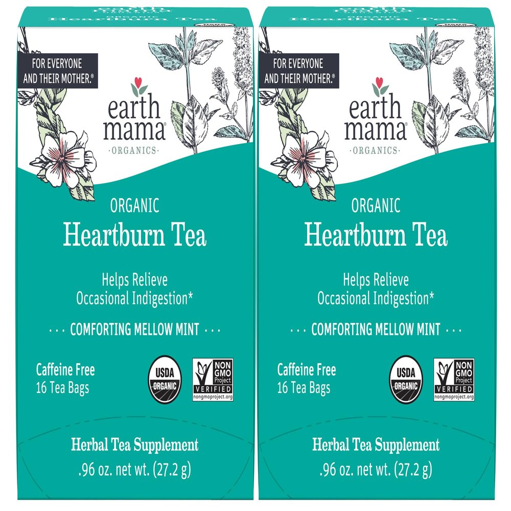 Earth Mama Organic Heartburn Tea | Pregnancy-Safe Soothing Herbal Blend with Marshmallow Root, Lemon Balm & Chamomile, 16 Teabags Per Box (2-Pack)