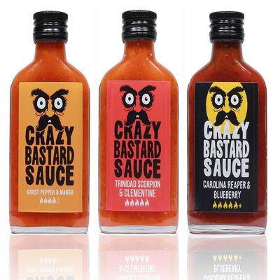 Crazy Bastard Sauce - Sample set of 3 chili sauces: Ghost Pepper & Mango, Trinidad Scorpion & Clementine, Carolina Reaper & Blueberry (3 x 100ml)