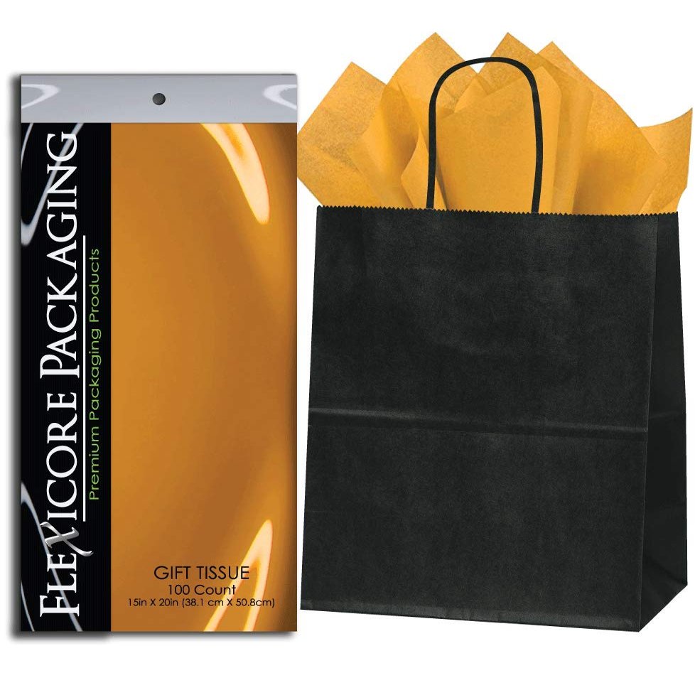 Flexicore Packaging 5ct Black Kraft Paper Gift Bags + 10ct Gift Tissue Paper