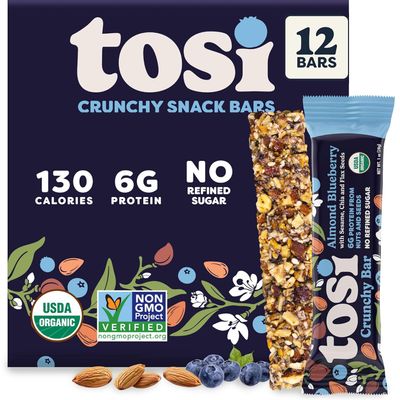 Tosi Nut Bars, Almond Blueberry, Healthy Snacks for Adults & Kids, Plant Based Crunchy Bars (6G Protein), Organic Keto Snacks, Vegan, Gluten & Soy Free, Low Sugar, Omega 3s, 1oz, 12-Pack