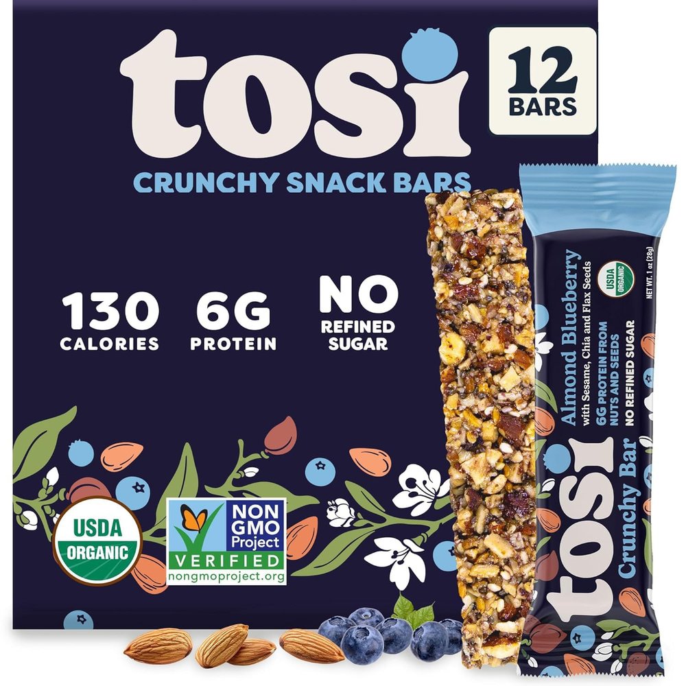 Tosi Nut Bars, Almond Blueberry, Healthy Snacks for Adults & Kids, Plant Based Crunchy Bars (6G Protein), Organic Keto Snacks, Vegan, Gluten & Soy Free, Low Sugar, Omega 3s, 1oz, 12-Pack