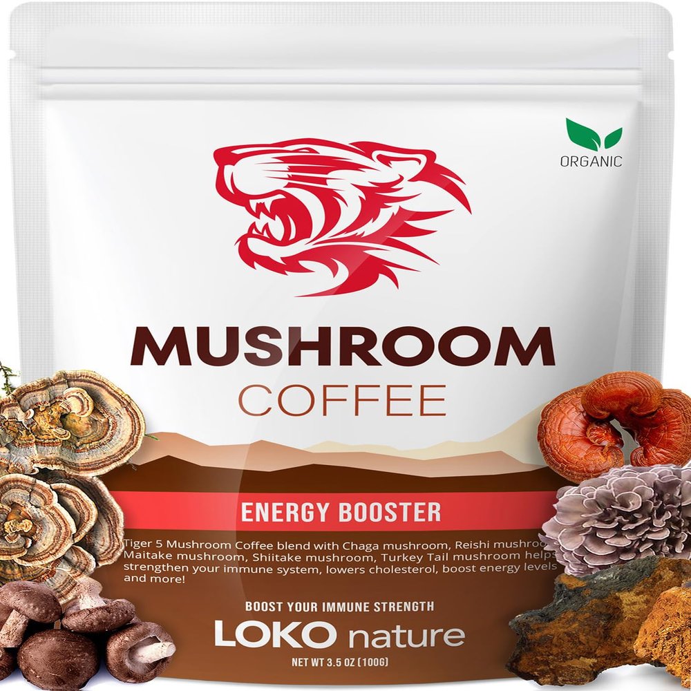Tiger Organic 5 Mushroom Instant Coffee  30 Servings with 100% Arabica | Immune System Booster, Reishi, Maitake, Shiitake, Chaga & Turkey Tail Mushrooms | Gluten & Dairy Free, Vegan - Natural Energy