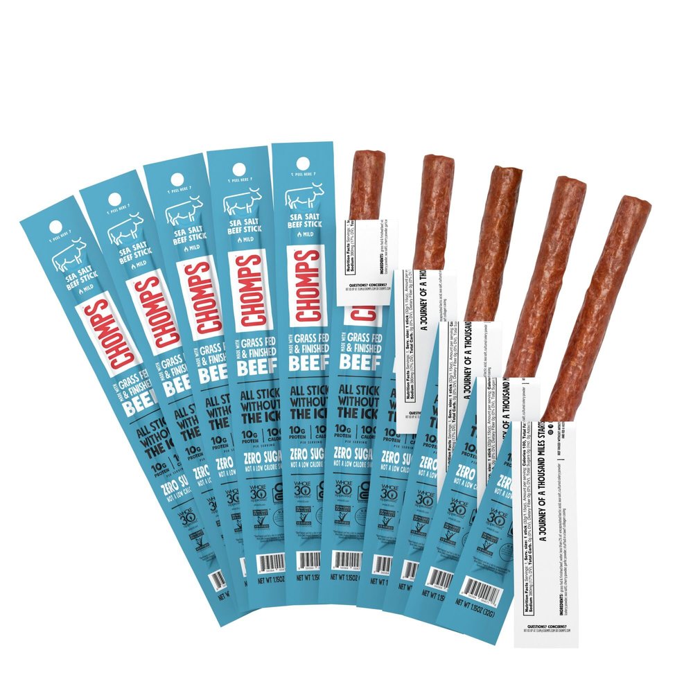 Chomps Grass-Fed and Finished Sea Salt Beef Jerky Snack Sticks 10-Pack - Keto, Paleo, Whole30, 10g Lean Meat Protein, Gluten-Free, Zero Sugar Food, Non-GMO