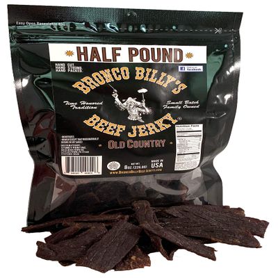 Bronco Billy's Beef Jerky Hickory Smoked Old Country Half Pound Resealable Bag