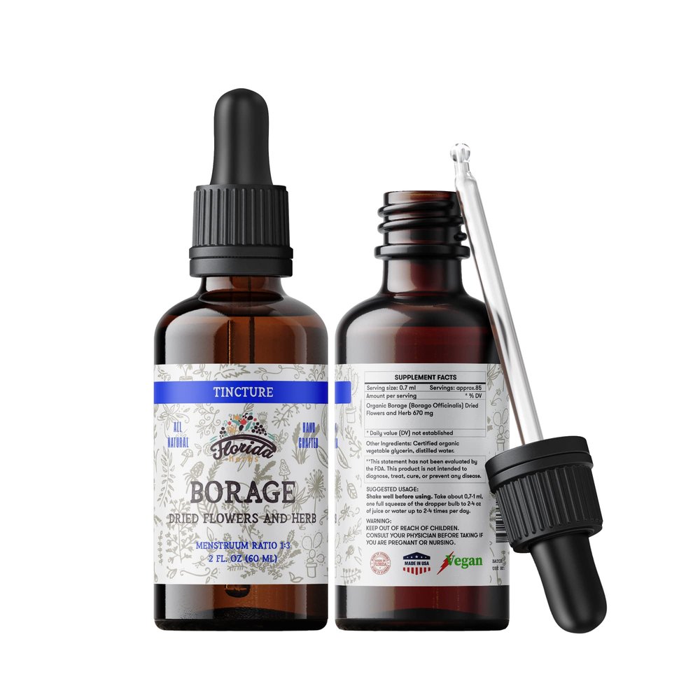 FLORIDA HERBS Borage Liquid Extract, Organic Borage Tincture (Borago Officinalis) Herbal Supplement, Non-GMO in Cold-Pressed Organic Vegetable Glycerin 700 mg, 2 oz (60 ml)