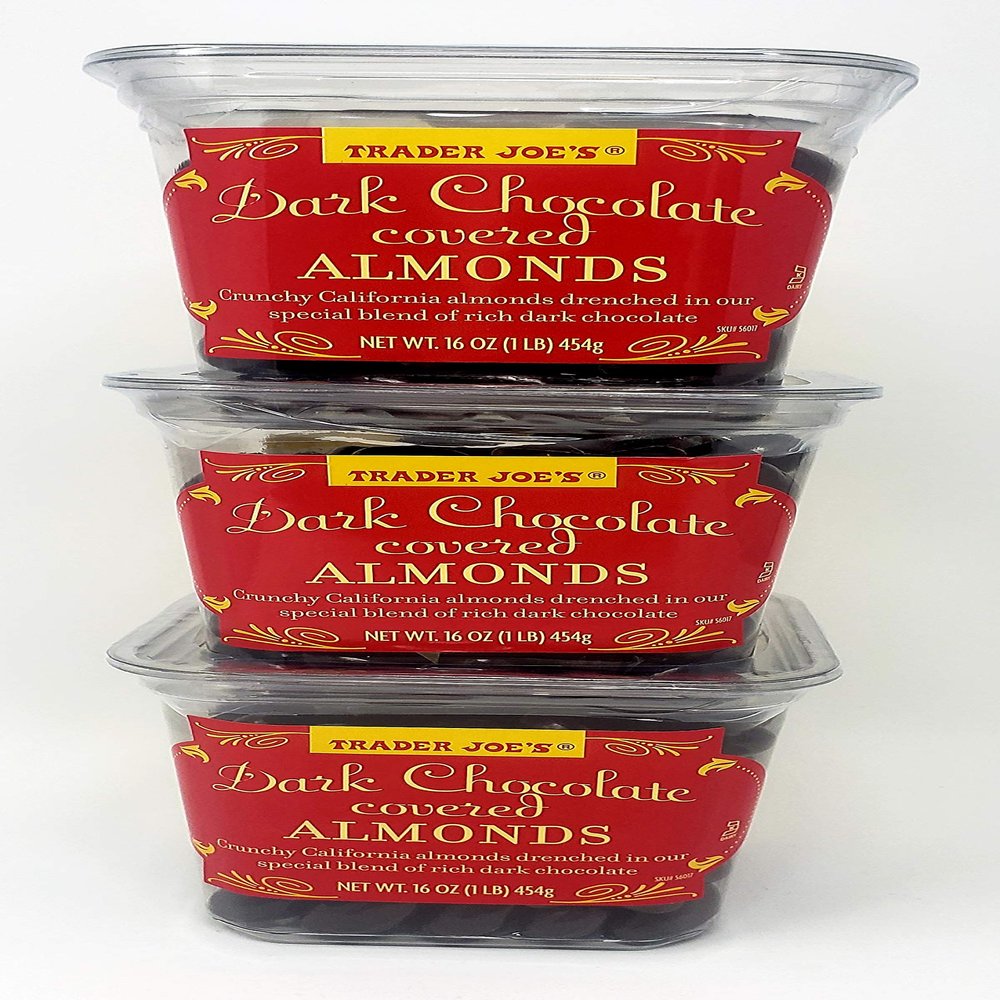 Trader Joes Dark Chocolate Covered Almonds - Pack of 3 Tubs - 16 oz per Tub