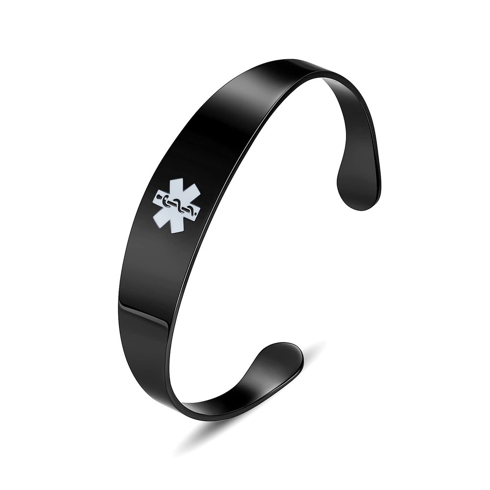 LinnaLove Stylish medical alert bangle bracelets for women with Free Custom Engraving (Black)