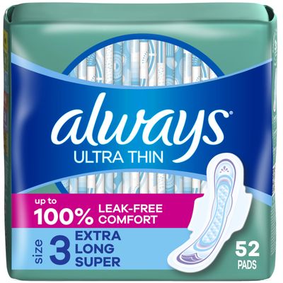 Always Ultra Thin Feminine Pads with Wings for Women, Size 3, Extra Long Super Absorbency, Unscented, Up to 100% Leak-Free Protection, 52 Count