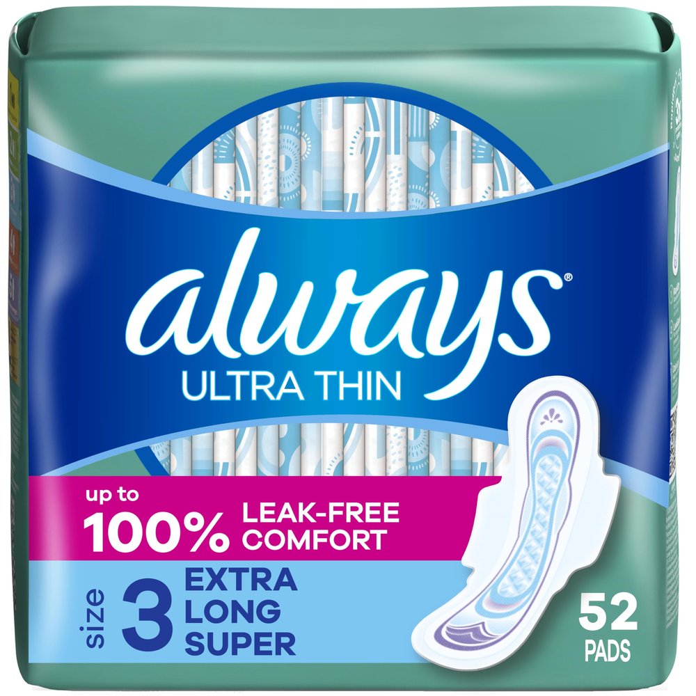 Always Ultra Thin Feminine Pads with Wings for Women, Size 3, Extra Long Super Absorbency, Unscented, Up to 100% Leak-Free Protection, 52 Count