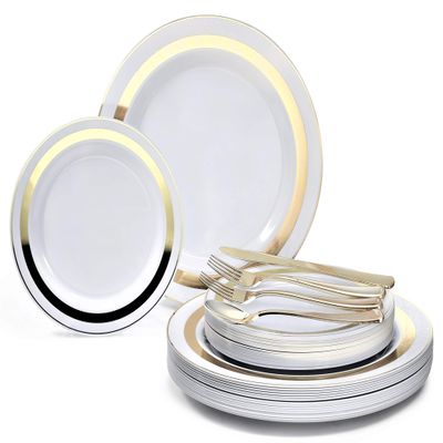 " OCCASIONS " 360 Pcs set (60 guest) Wedding Disposable Plastic Plate and Silverware Combo 10.5" + 7.5" + Silverware (Double Fork) (Soleil in White Gold, Gold silverware)