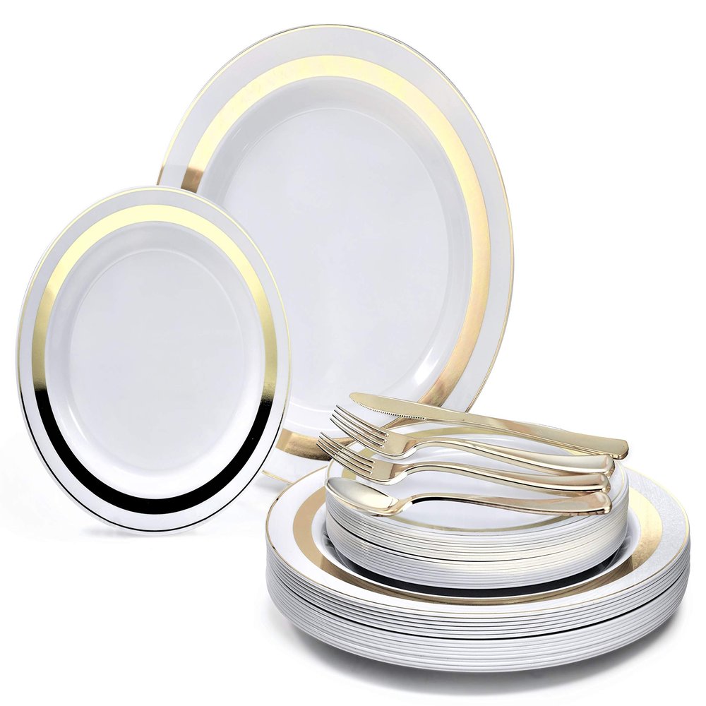 " OCCASIONS " 360 Pcs set (60 guest) Wedding Disposable Plastic Plate and Silverware Combo 10.5" + 7.5" + Silverware (Double Fork) (Soleil in White Gold, Gold silverware)