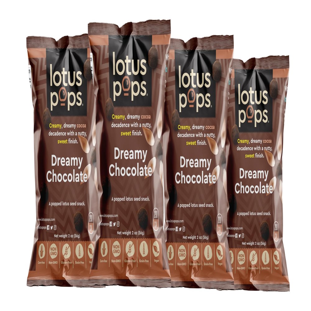 Lotus Pops - Popped Lotus (Water Lily) Seed Snacks Low Calorie Gluten Free Snacks | Plant Protein | Roasted Not-Fried | Paleo | GrainFree | NonGMO | Healthy Dessert | (Classic Chocolate 4 2oz Packs)