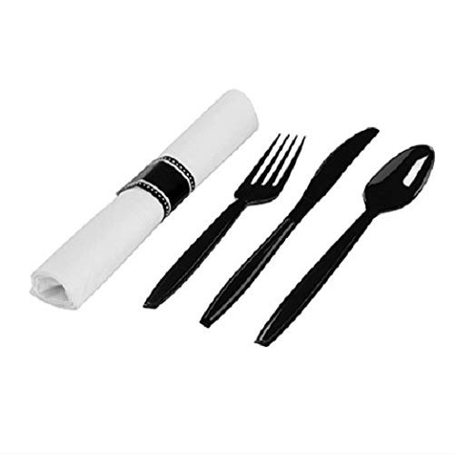 100 Linen-Like Napkin Rolls with Black Disposable Fork/Knife/Spoon Heavy Duty Cutlery