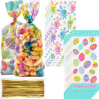 Chuangdi 100 Pack Easter Treat Bags Bunny Candy Cellophane Bag Easter Egg Goodie Cooikes Gift for Party Favor Supplies(Egg and Rabbit Style)