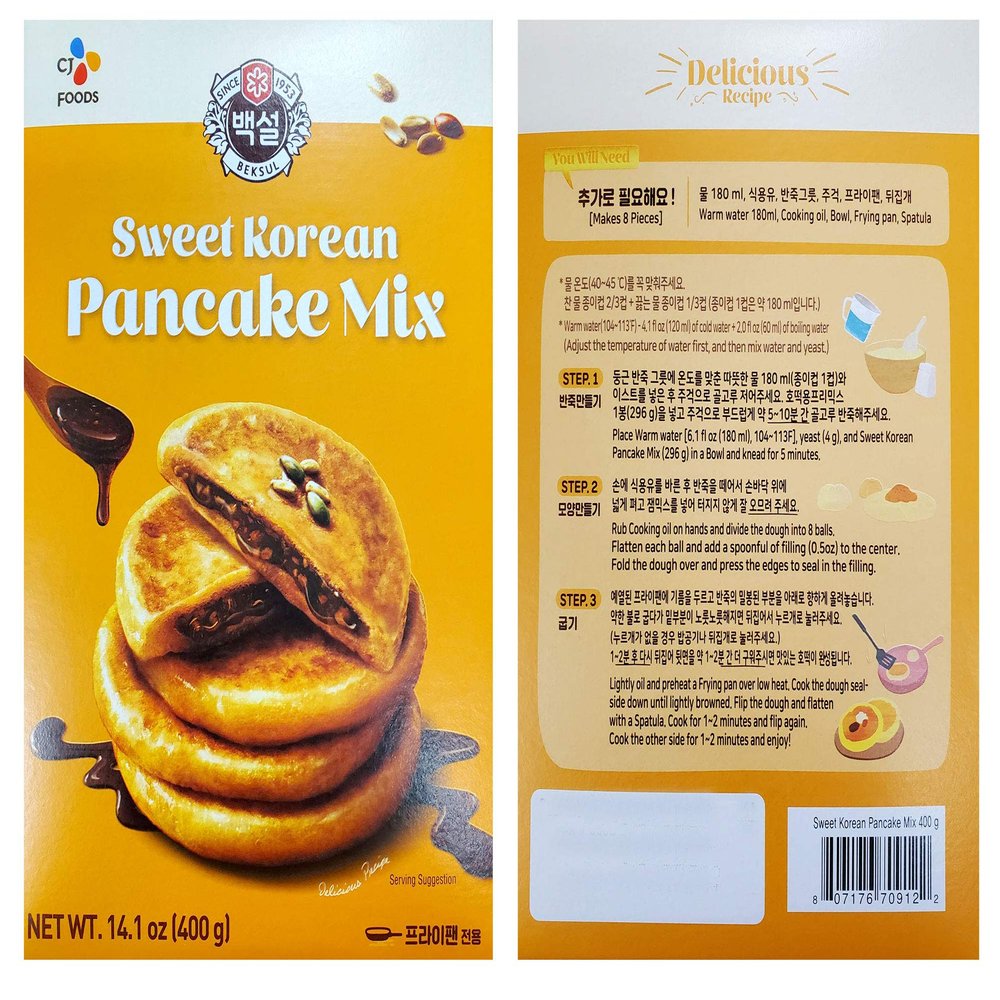 Korean Fancy Hotcake Mix; CJ Beksul Korean Sweet & Green Tea Pancake Mix, Hotteok (14.10 oz, 400g) ; CJ , ; (Sweet, 3 Packs)