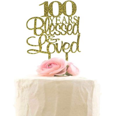 100 Years Blessed & Loved Cake Topper, 100th Birthday Wedding Anniversary Party Decorations (Gold Glitter)