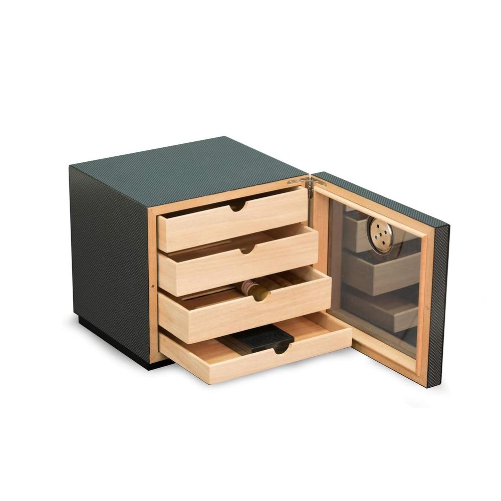 Bey-Berk 4-Drawer 60-Cigar Humidor, Carbon Fiber Design with Spanish Cedar Lined Cabinet and Glass Door, External Hygrometer and Humidistat, Black