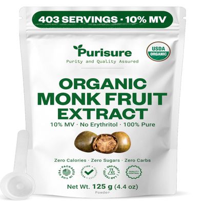 Organic Monk Fruit Extract Powder, 125g (4.41oz), No Fillers Pure USDA Organic Monk Fruit Extract Sweetener with No Aftertaste, Zero Calorie & Zero Carbs, Keto & Paleo Friendly 320-403 Servings