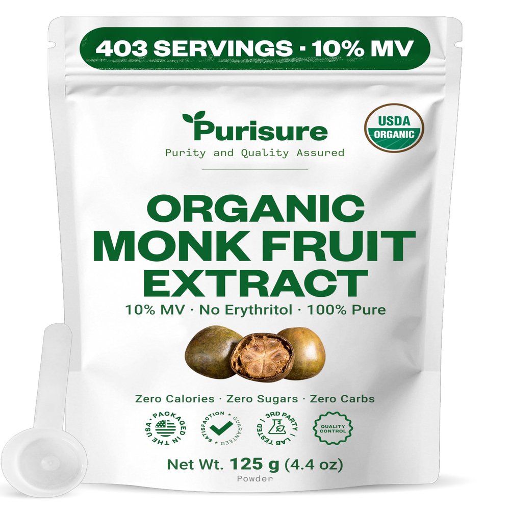 Organic Monk Fruit Extract Powder, 125g (4.41oz), No Fillers Pure USDA Organic Monk Fruit Extract Sweetener with No Aftertaste, Zero Calorie & Zero Carbs, Keto & Paleo Friendly 320-403 Servings