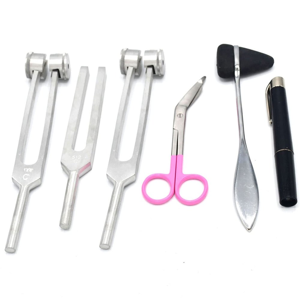 Laja Imports New Premium Set Of 6 Pcs Reflex Percussion Taylor Hammer + Penlight +Tuning Fork C 256 + C 512 + C 128 + Bandage Scissors 5.5" Pink Handle for Educational Use