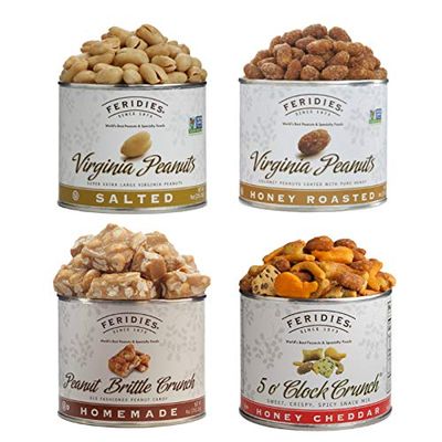 FERIDIES Peanut Sampler Gift Set with Salted Virginia Peanuts, Brittle, Honey Roasted, and 5 O'clock Crunch, 36 Oz 4 Piece Assortment