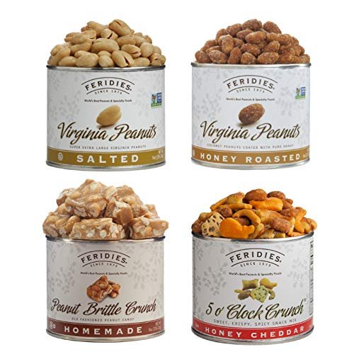FERIDIES Peanut Sampler Gift Set with Salted Virginia Peanuts, Brittle, Honey Roasted, and 5 O'clock Crunch, 36 Oz 4 Piece Assortment