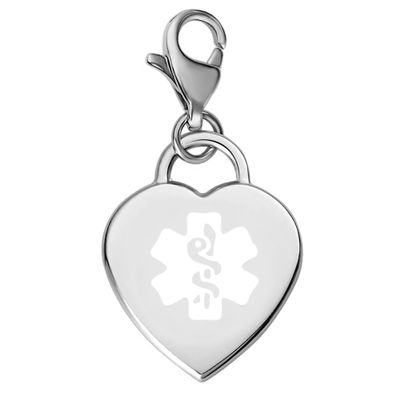Divoti Deep Custom Laser Engraved Adorable Heart 316L Medical Alert Charm / Medical ID Charm w/ Lobster Clasp-White