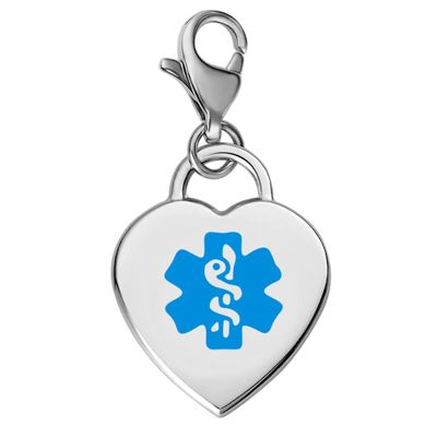 Divoti Deep Custom Laser Engraved Adorable Heart 316L Medical Alert Charm / Medical ID Charm w/ Lobster Clasp-Light Blue