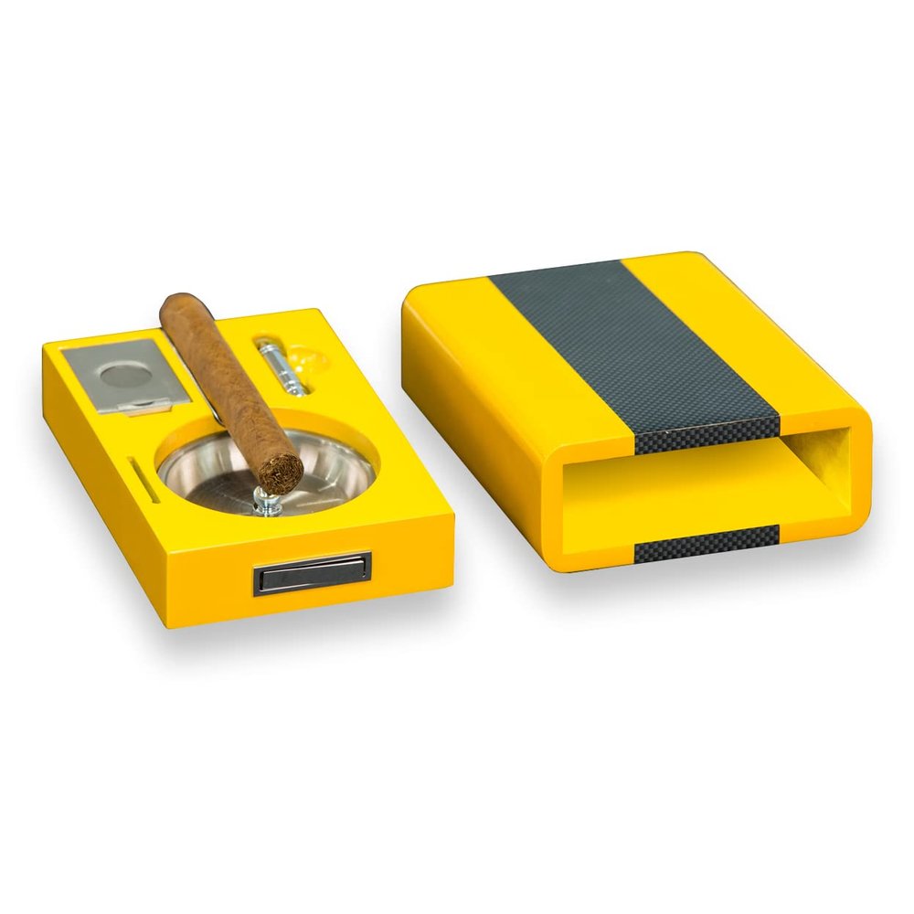 Bey-Berk Cigar Ashtray/Cutter Yellow & Carbon Fiber Color