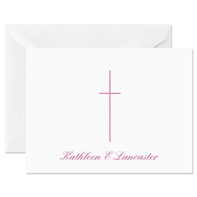 14 & Orange Touch of Pink Cross Personalized Note Cards  4 1/8 inches x 5 1/2 inches, Heavyweight Stock, Matching Envelopes, (Set of 10), by Fine Stationery