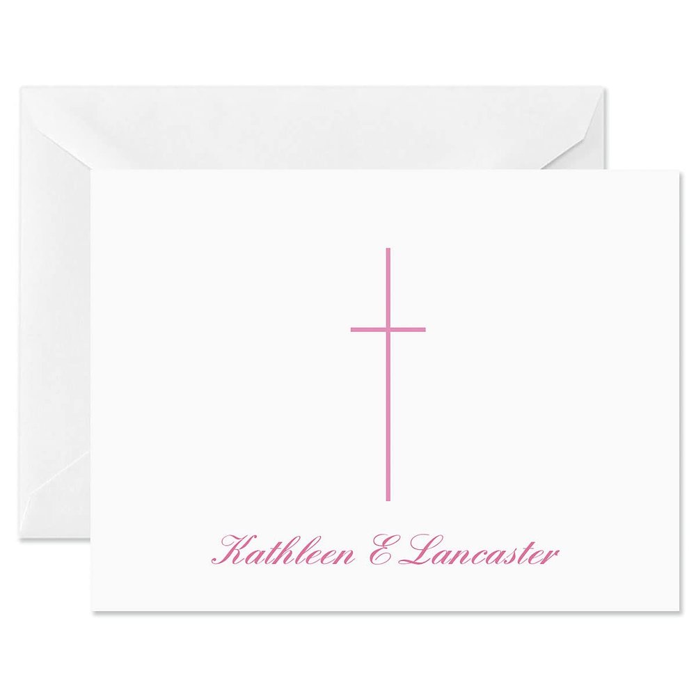 14 & Orange Touch of Pink Cross Personalized Note Cards  4 1/8 inches x 5 1/2 inches, Heavyweight Stock, Matching Envelopes, (Set of 10), by Fine Stationery