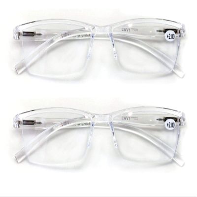 2 Pairs Lightweight Transparent Clear Rectangular Unisex Readers with Spring Hinge - Reading Glasses (2 Clear, 2.75)
