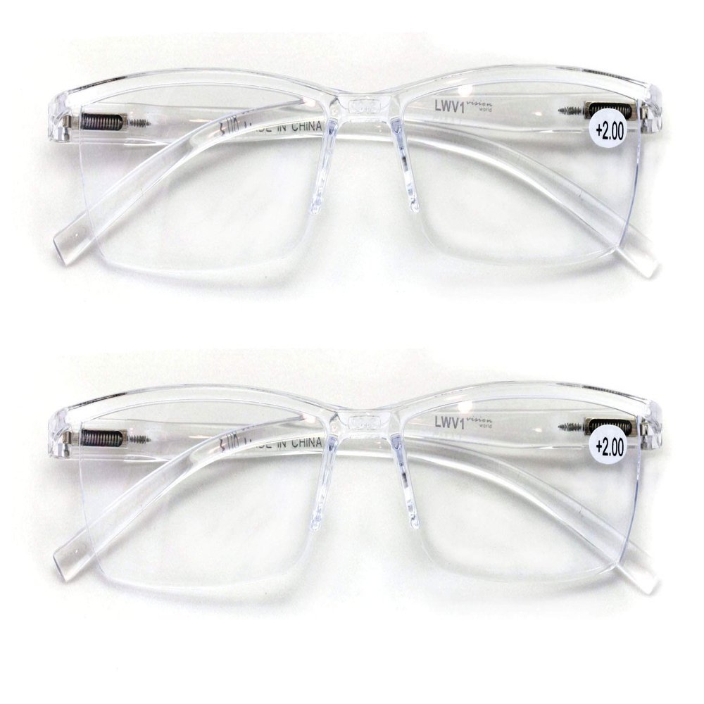2 Pairs Lightweight Transparent Clear Rectangular Unisex Readers with Spring Hinge - Reading Glasses (2 Clear, 2.75)