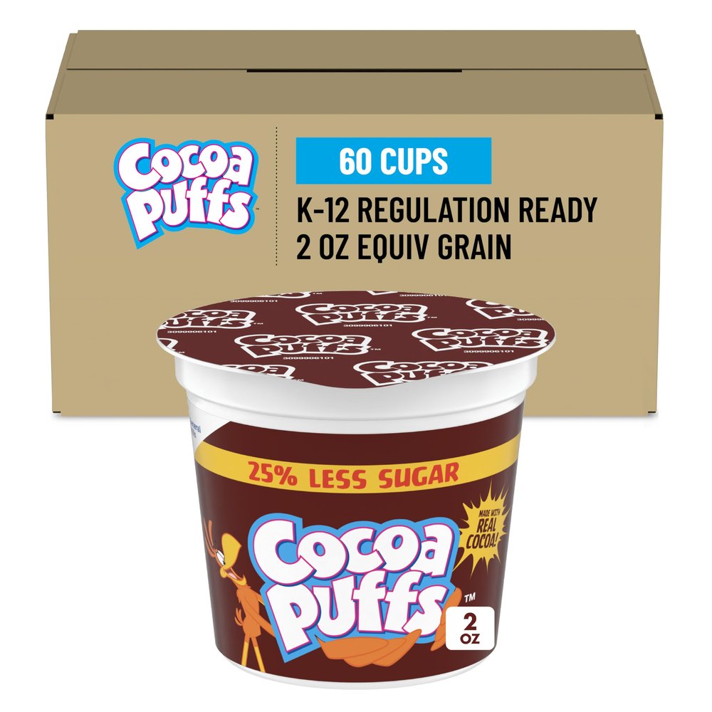 Cocoa Puffs 25% Less Sugar Single Serve Cup Cereal, Equivalent Grain, 2 Oz (Pack of 60)