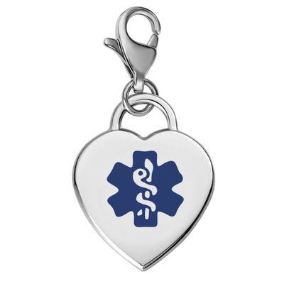 Divoti Deep Custom Laser Engraved Adorable Heart 316L Medical Alert Charm / Medical ID Charm w/ Lobster Clasp-Deep Blue
