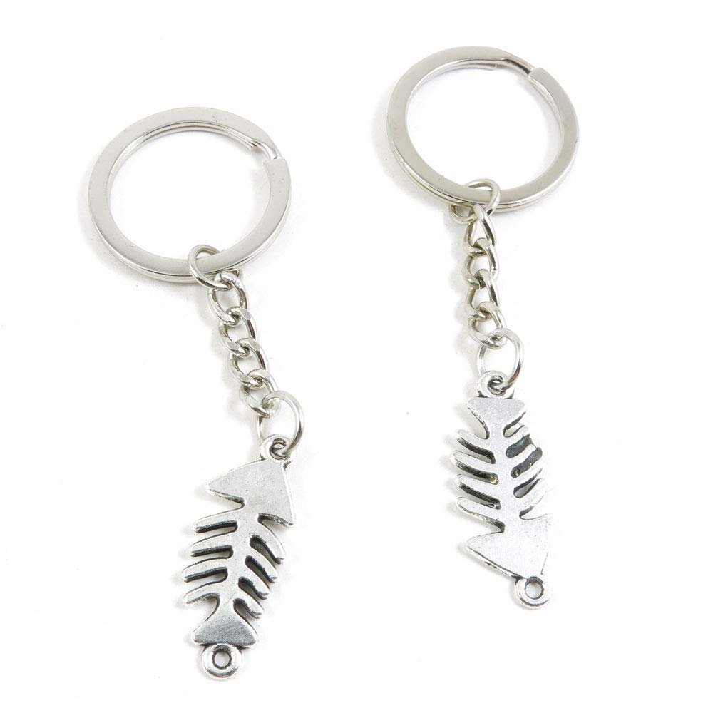 50 PCS Antique Silver Keyrings Keychains Key Ring Chains Tags Clasps E0ZO8 Fish Bone Fishbone