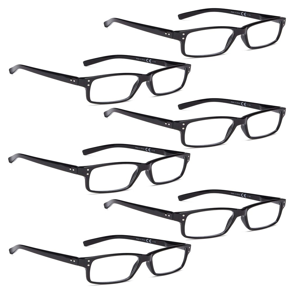 LUR READING GLASSES 6 Pack Spring Hinge Comfort Plastic Readers (Black)