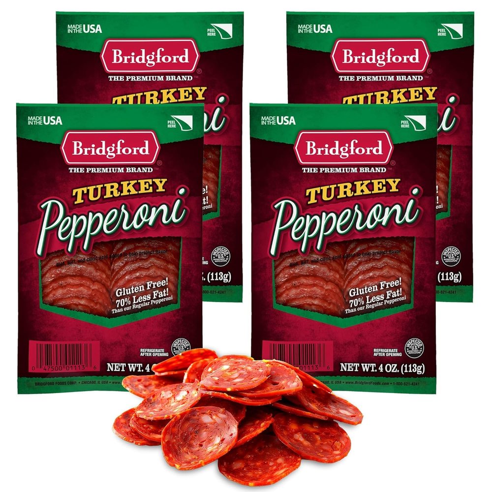 Bridgford Sliced Turkey Pepperoni 4 oz Pack of 4 - Pepperoni Slices for Pizza and Sandwiches - Naturally Smoked Healthy Snacks for Low-Carb Keto Diets - Ready-to-Eat Slices for On-the-Go Snacking