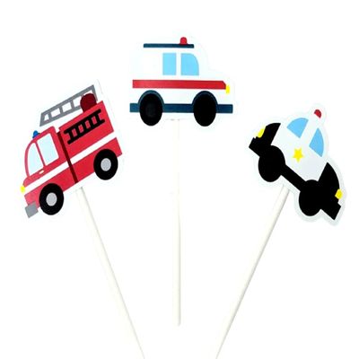 12 Count - Emergency Vehicle Cupcake Toppers - Firetruck Cupcake Toppers, Ambulance Cupcake Toppers, Police Car Cupcake Toppers