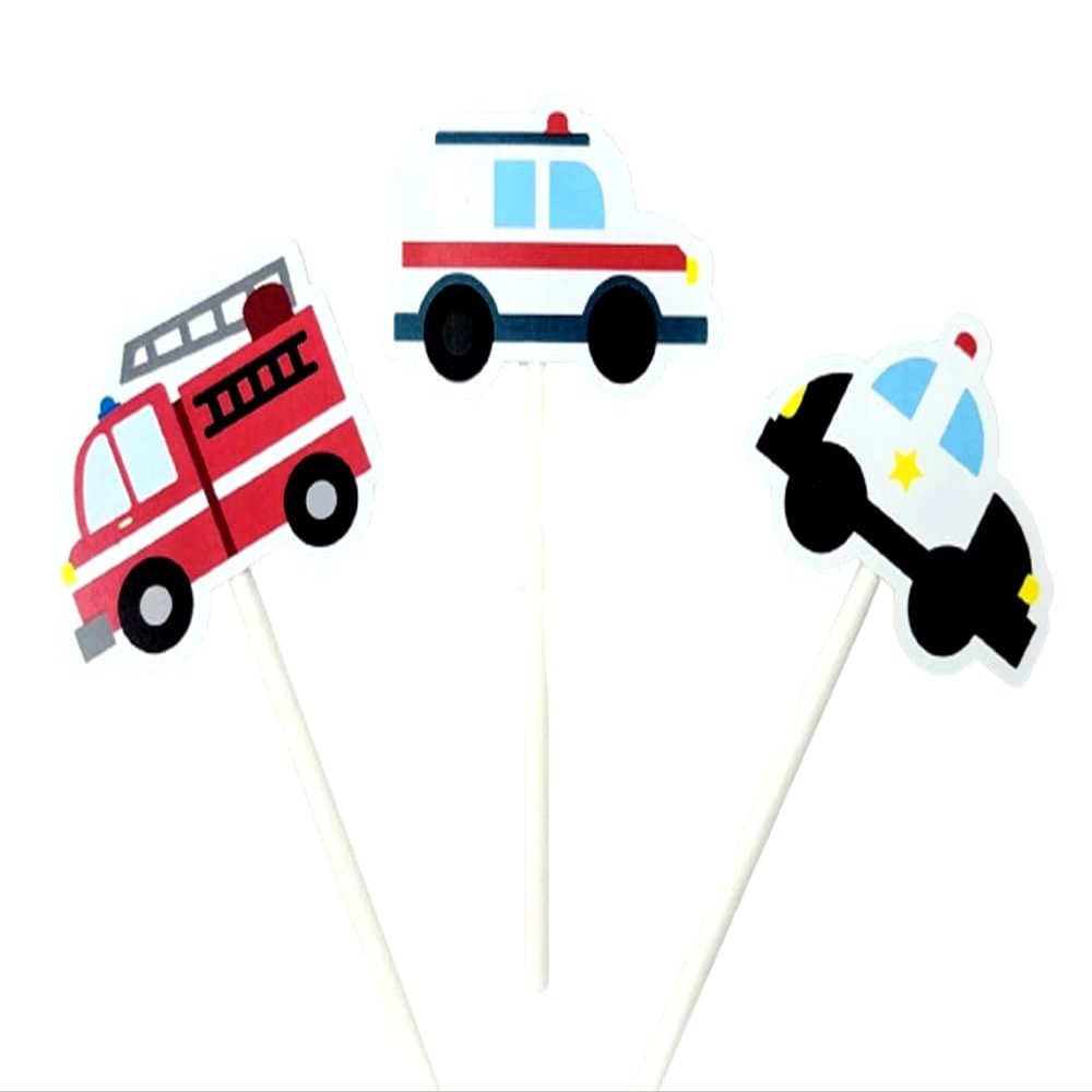 12 Count - Emergency Vehicle Cupcake Toppers - Firetruck Cupcake Toppers, Ambulance Cupcake Toppers, Police Car Cupcake Toppers