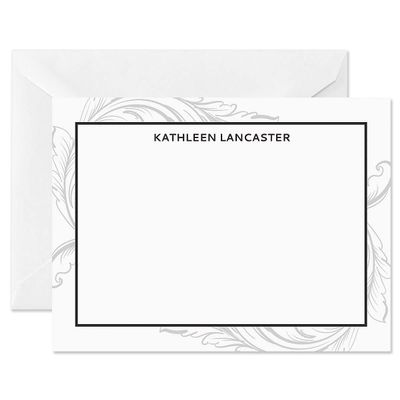 14 & Orange Flourish Grey Personalized Flat Note Cards 4 1/8 inches x 5 1/2 inches, Heavyweight Stock, Matching Envelopes, (Set of 10), by Fine Stationery