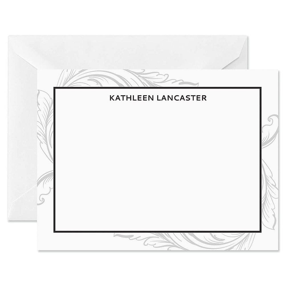 14 & Orange Flourish Grey Personalized Flat Note Cards  4 1/8 inches x 5 1/2 inches, Heavyweight Stock, Matching Envelopes, (Set of 10), by Fine Stationery