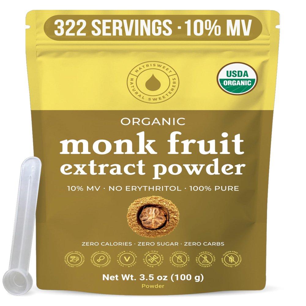 Organic Monk Fruit Extract Powder, 3.5 oz, Pure USDA Organic Monk Fruit Extract Sweetener with No Fillers, Zero Calories, Zero Carbs, Keto & Paleo Friendly Sugar Substitute, 322 Servings by Natri Sweet