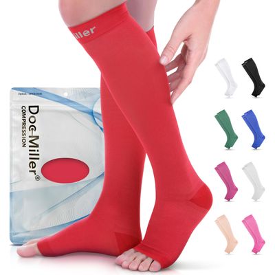 Doc Miller Open Toe Compression Socks for Women & Men 1520 mmHg, Knee High Calf Support Sleeves, Graduated Stockings for Swelling Recovery, Circulation, 1 Pair