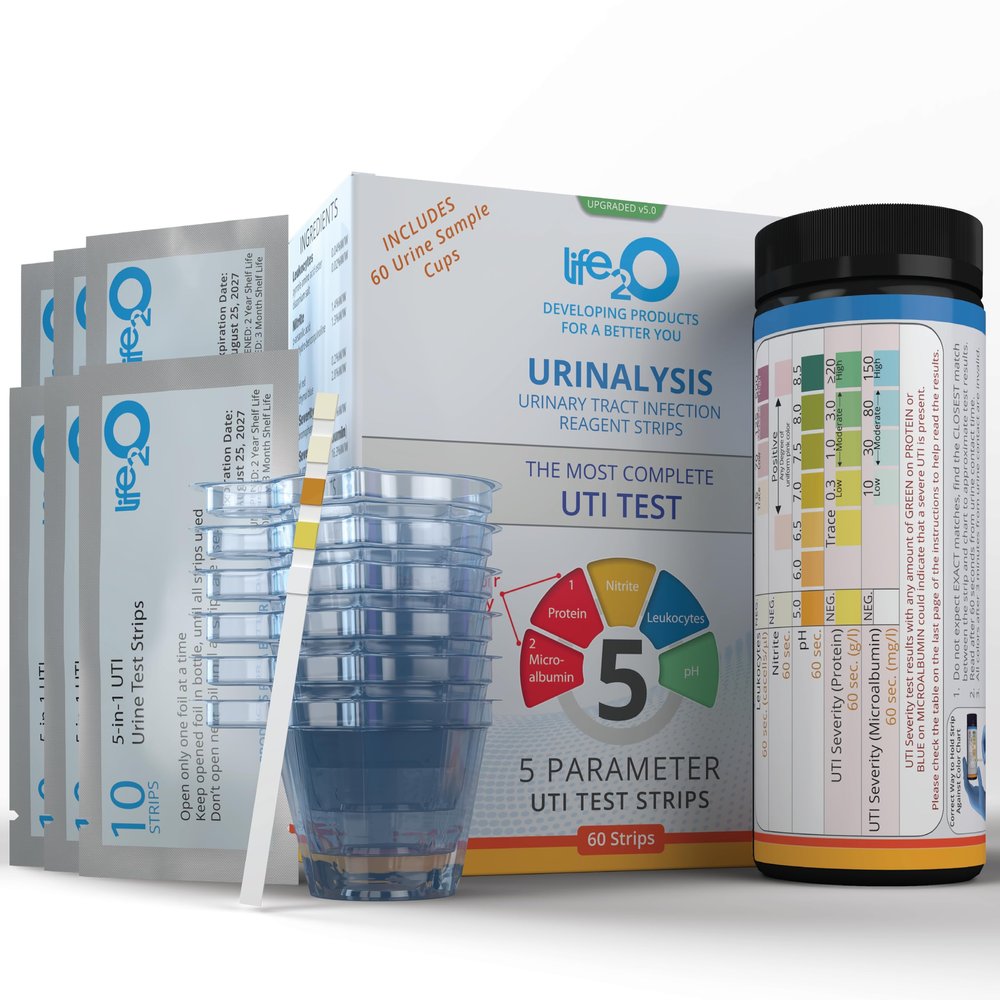 5-in-1 Full Panel UTI Test Strips for Women, Men & Kids (60 Strips) with 2-Factor UTI Severity (Protein & Microalbumin), Urine Test Strips for Bladder, at Home Urinary Tract Infection Kit