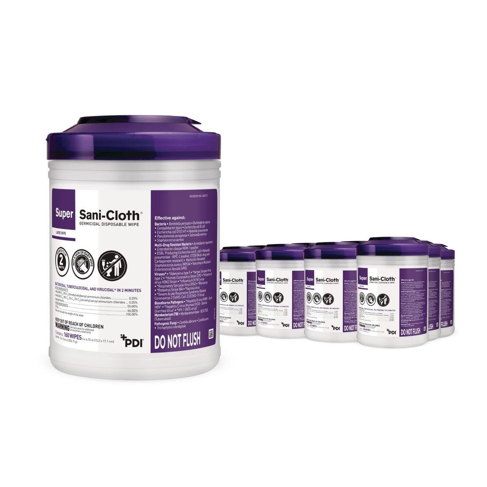 Super Sani-Cloth Germicidal Disposable Wipe, Hospital Grade Disinfection, 160 Large 6" x 6.75" Wipes Each, Case of 12 Canisters