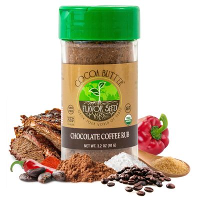 Organic Butt Rub Seasoning & Chocolate Coffee Brisket Rub, Cocoa Butt'Er by Flavor Seed, Gourmet Spice Mix for Cooking, Grilling & BBQ, Preservative Free, Non GMO, 3.2 oz Shaker Jar