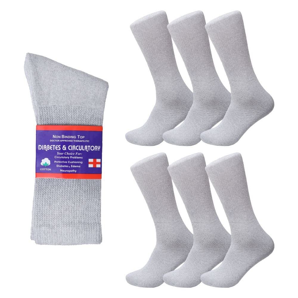 Diamond Star Diabetic Socks, Non-Binding Circulatory Cushion Cotton Crew Diabetic Socks for Mens Womens 9-11 (6 Pairs Gray)